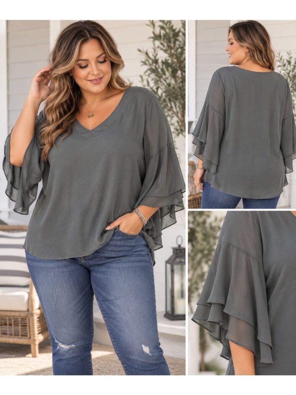 Lane Bryant Plus 14/16 Gray Charcoal V-Neck Blouse Ruffle Layer Sleeve New w/Tag